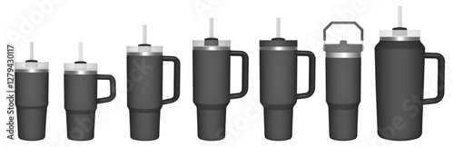 Thermo cup with handle and straw. 14, 30, 40, 64 oz. Travel thermos. Set of black mugs. Tumbler or quencher