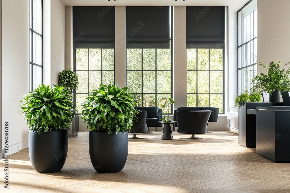 Fototapeta premium Modern open space office with black furniture and large windows. AI generated illustration.