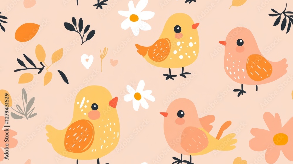 Fototapeta premium seamless pattern Easter chicks in ornamentation on light coral background