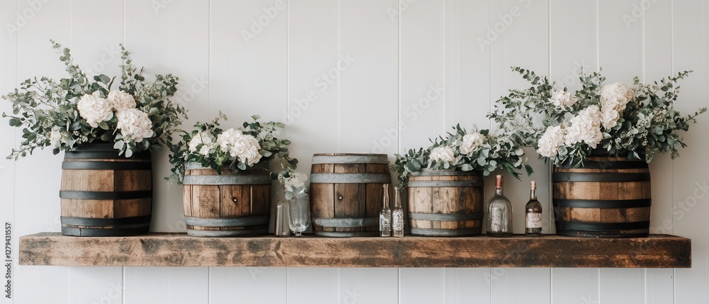 Fototapeta premium Four wooden barrels filled with vibrant flowers are displayed on a rustic shelf, creating a charming and inviting atmosphere.