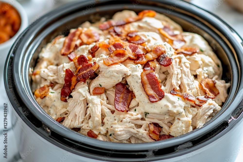 Savory slow-cooked chicken topped with crispy bacon and creamy sauce for a delightful meal Savory slow-cooked chicken topped with crispy bacon and creamy sauce for a delightful meal