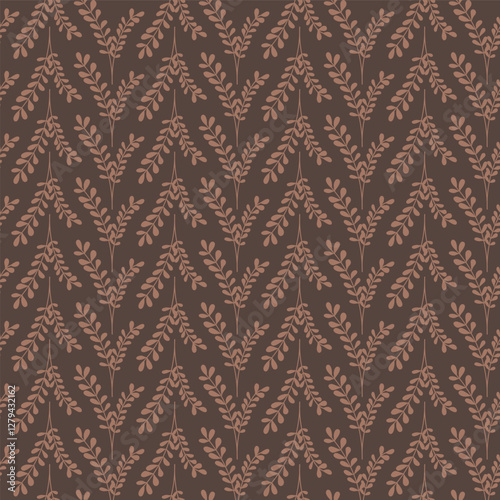 Branches of Leaves in Mocha Coffee in V Formation Vertical Stripes on aDark Chocolate background creating a seamless pattern print background