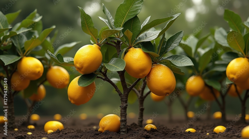 A close-up of a lemon tree full of vibrant, ripe yellow lemons hanging from lush green branches, growing in fertile soil. A symbol of freshness and abundance.
A close-up of a lemon tree full of vibrant, ripe yellow lemons hanging from lush green branches, growing in fertile soil. A symbol of freshness and abundance.