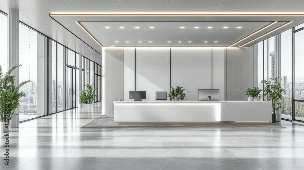 Fototapeta premium Modern Office Reception Area with Large Windows and Bright Lighting