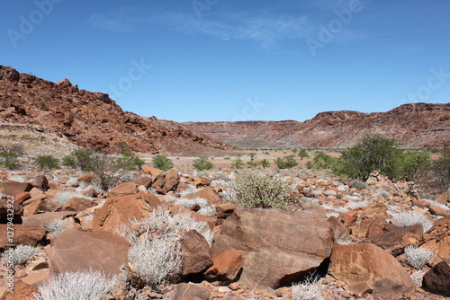Panoramic view of landscape in Twyfelfountein, Kunene, Namibia with table mountains and green bushes in dry red rock desert. Blue sky as contrast.