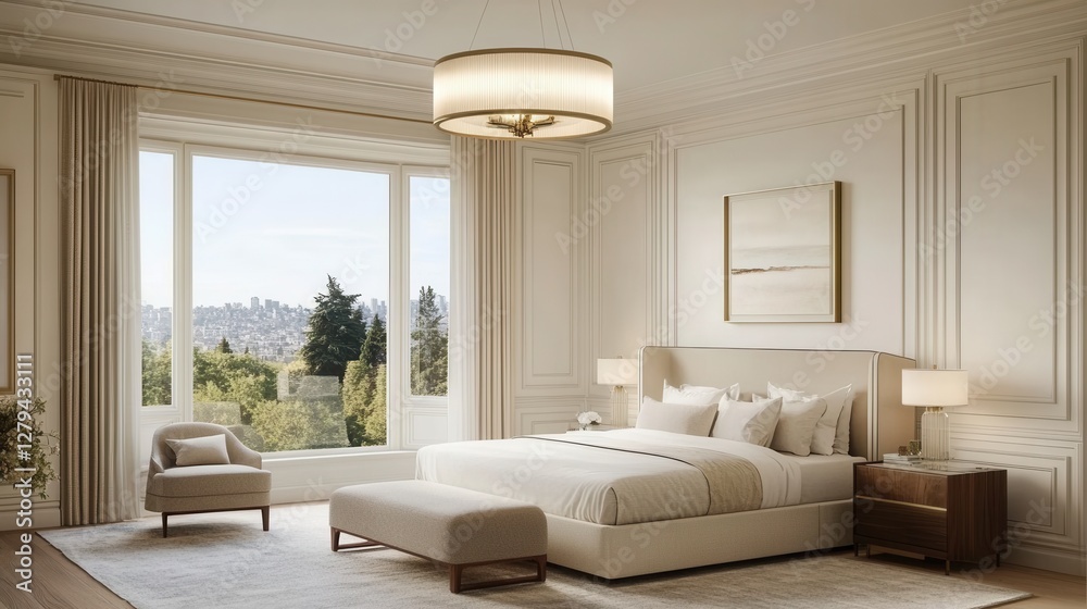 Fototapeta premium Elegant Modern Bedroom Design with Scenic View and Natural Light