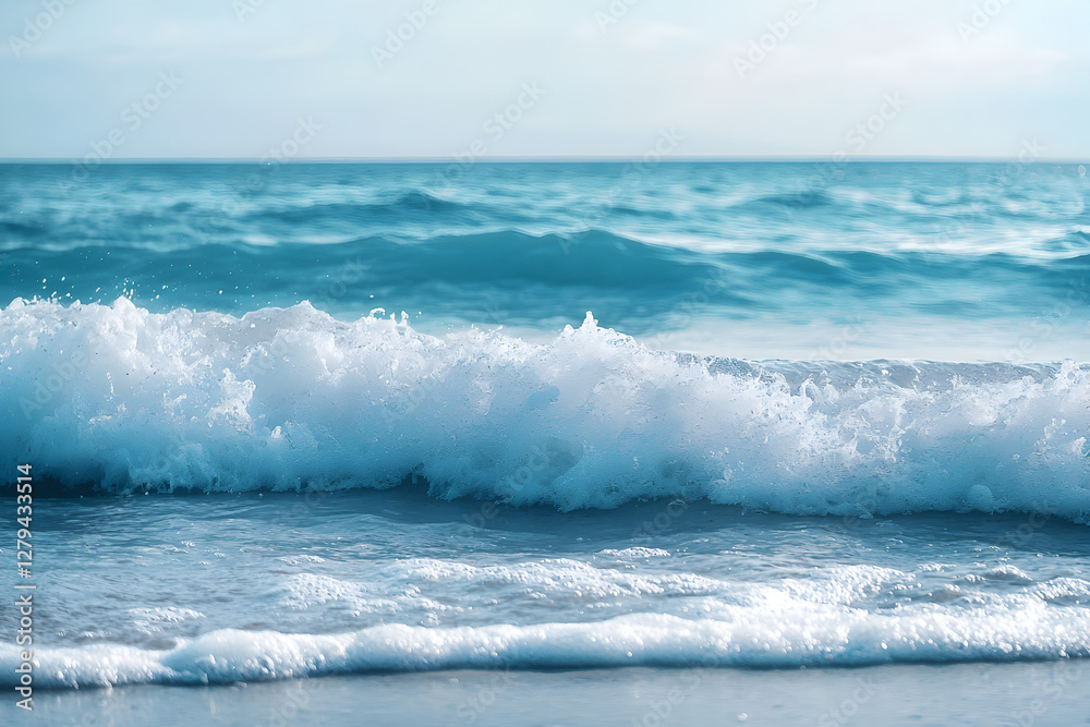 Fototapeta premium Waves crashing gently on the sandy beach at sunrise with a calm ocean view