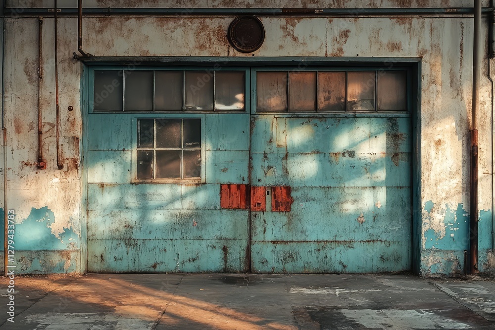 Grunge garage with opening door. AI generated illustration.