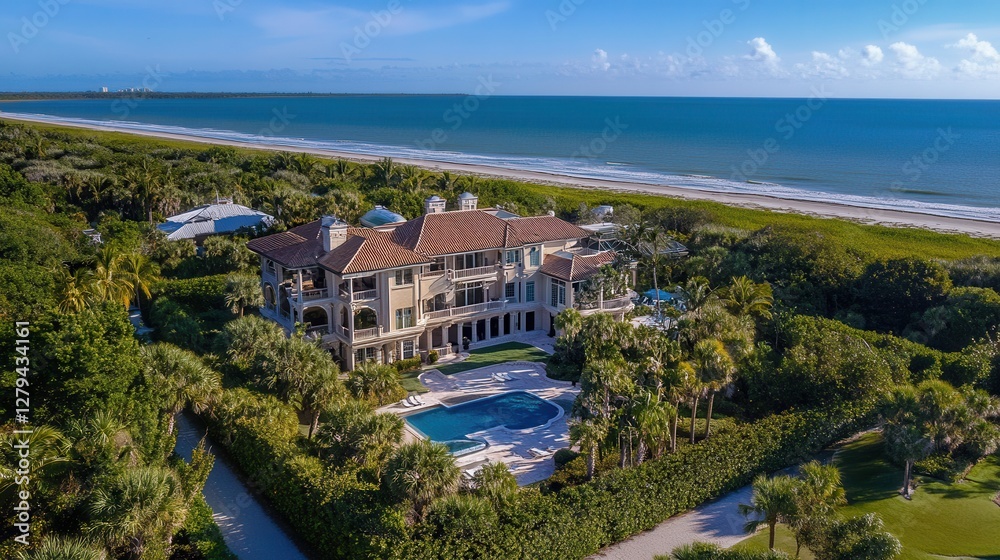 Naklejka premium Aerial perspective showcasing an expansive house featuring a pool, surrounded by sandy beach, emphasizing luxury and coastal living.