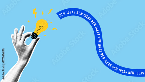 Collage with halftone human hand holding light bulb lamp.  Mixed media design for idea or brainstorm concept. Vector template for card, poster, banner, social media. 