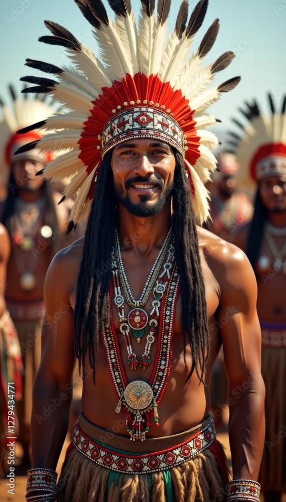 Fototapeta premium Vibrant portrait of a man wearing a traditional Native American headdress, adorned with intricate jewelry, showcasing cultural heritage and pride.