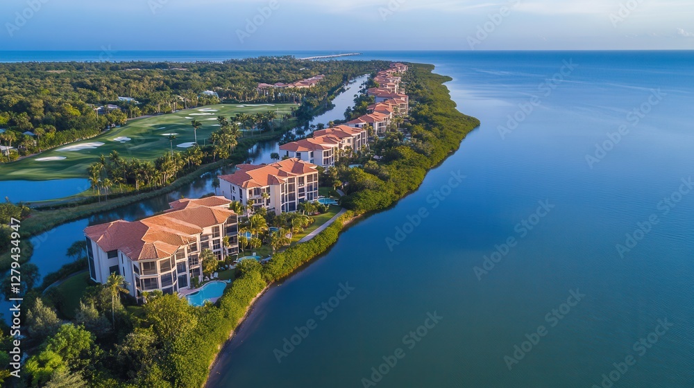 Fototapeta premium A scenic aerial view showcases a luxurious resort featuring a pristine golf course adjacent to a tranquil lake, surrounded by lush greenery.