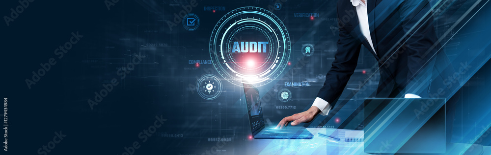 Fototapeta premium Audit: Businessman use laptop and synchronize data of financial records on computer device with global network, compliance, risk assessment, internal controls, reporting, and accountability.........