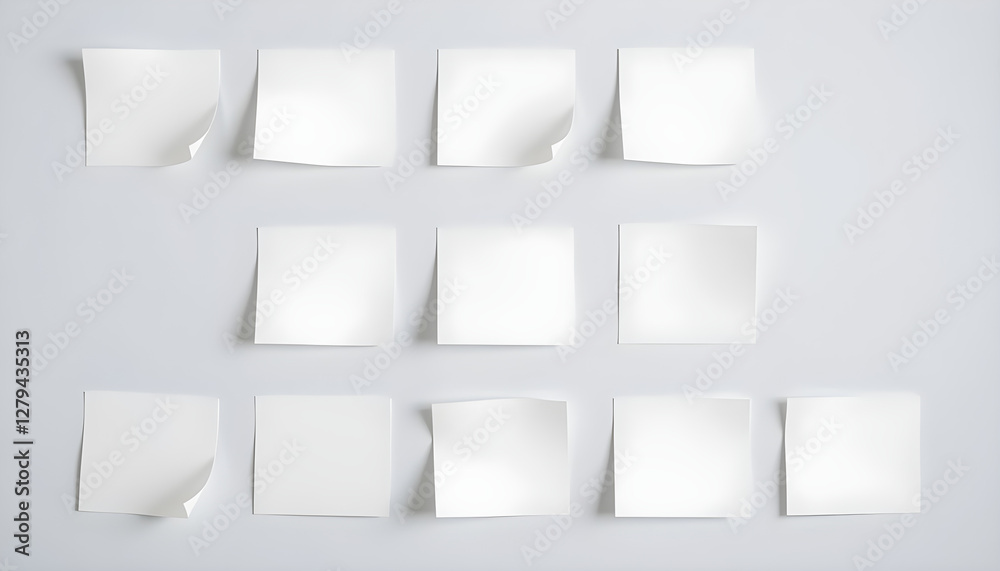 Grid of square, white sticky notes with curled corners on a neutral background Grid of square, white sticky notes with curled corners on a neutral background