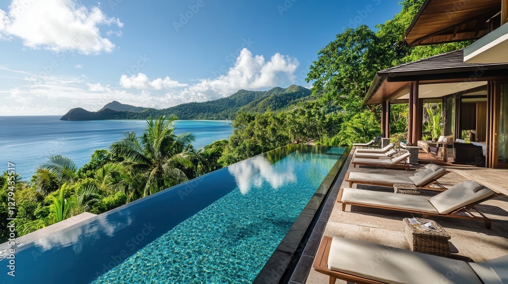 Aerial view showcasing a serene pool alongside a sandy beach, with the vast ocean stretching into the horizon under a clear blue sky.