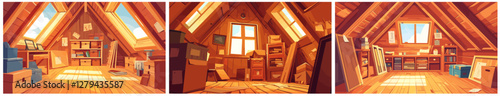 attics set cartoon triangular wooden attic background, windows boxes light day books non-residential premises roof vector illustration