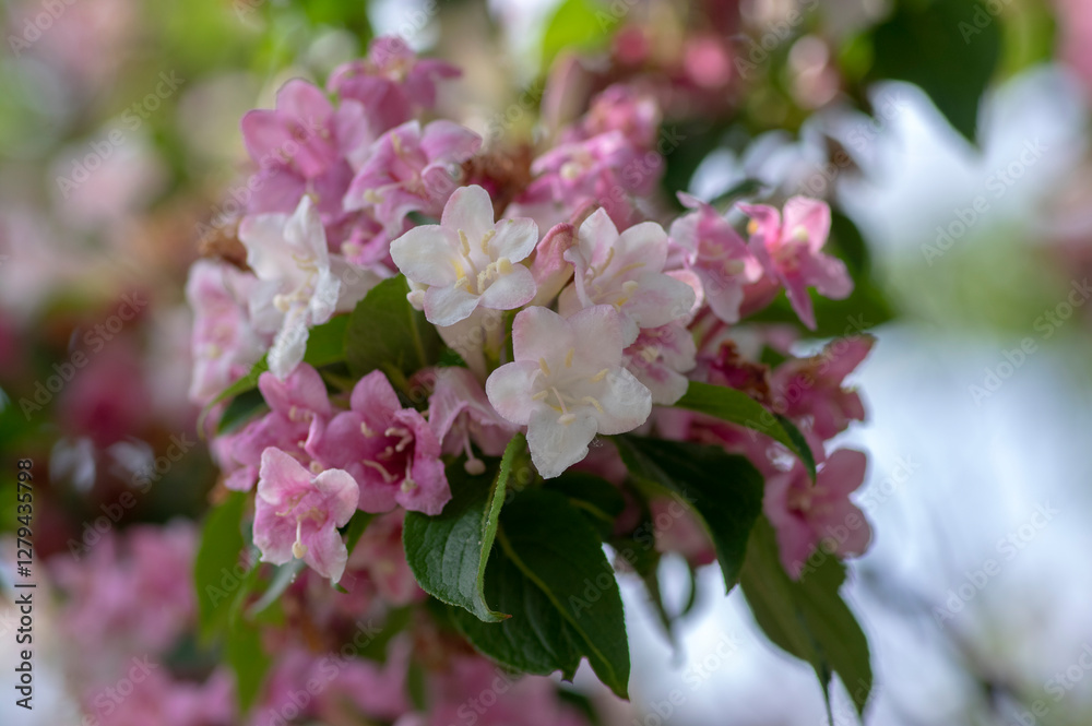 Weigela coraeensis pink white flowering shrub plant, group of colorful flowers in bloom