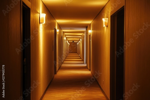 Illuminated hallway interior. AI generated illustration.