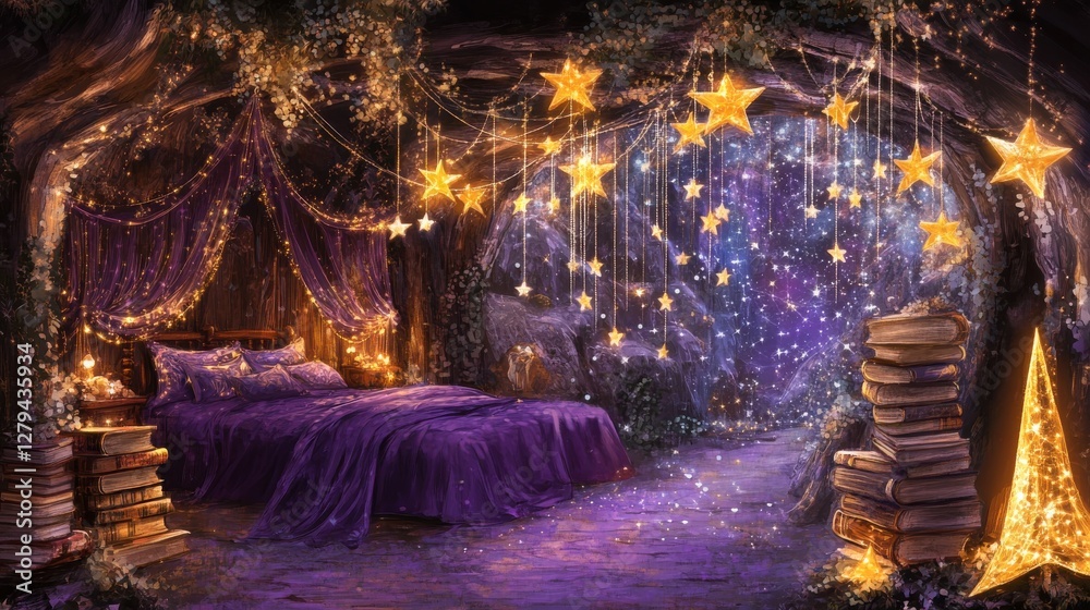 Obraz premium Magical Fantasy Bedroom with Starry Decor and Cozy Ambiance