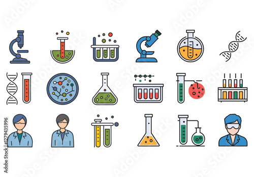 Colorful Vector Illustration of Various Laboratory Equipment and Scientists for Science and Research Themes