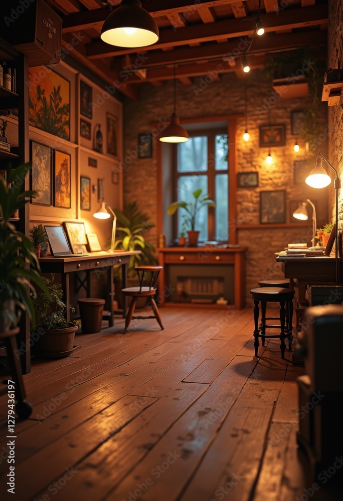 Cozy creative workspace with wooden floors, warm lighting, and artistic decor, perfect for inspiration and productivity. Cozy creative workspace with wooden floors, warm lighting, and artistic decor, perfect for inspiration and productivity.