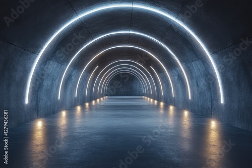 Illuminated tunnel entrance in spacious dark hall with lights and copyspace. AI generated illustration.