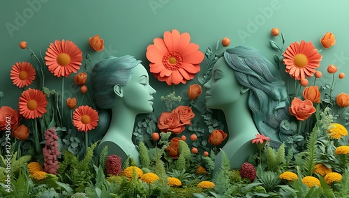  Two Green-Toned Busts of Women Facing Each Other Amid Orange Flowers