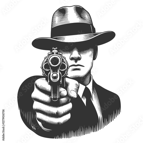serious-faced gangster in a fedora and pinstripe suit, aiming handgun directly forward in a dramatic noir-style pose sketch engraving generative ai vector illustration. Scratch board. Black and white