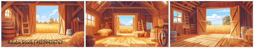 barn interior set cartoon. wooden barns background, farm agriculture architecture empty barrel hay field building open gate doors vector illustration