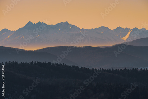 Fototapeta Naklejka Na Ścianę i Meble -  Tatra Mountains, Poland. Panorama of a mountain landscape. View from Jaworze. Sunset over the mountains