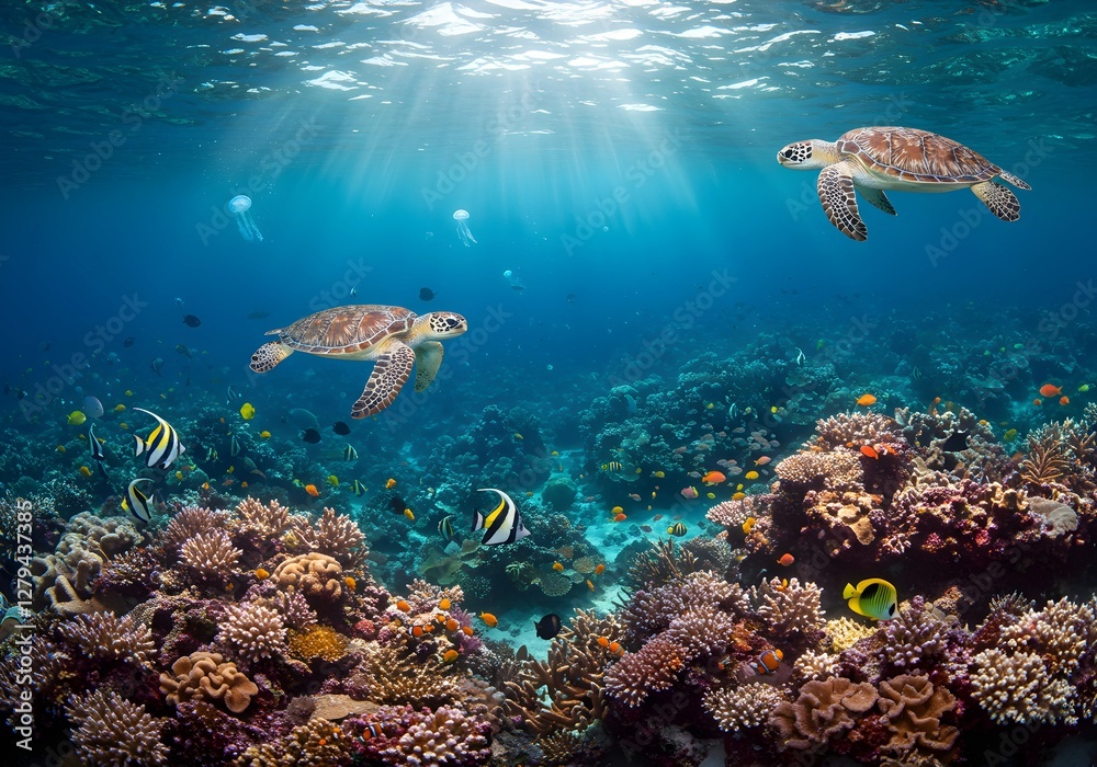 Fototapeta premium Sea Turtles Swimming Above Vibrant Coral Reef with Sunlight Filtering Through Water