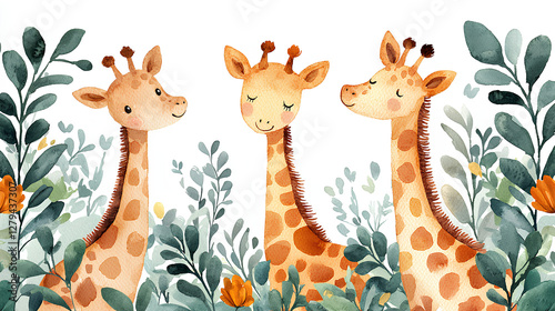 Adorable watercolor illustration of three smiling giraffes surrounded by lush green foliage and orange flowers in a soft, whimsical style photo