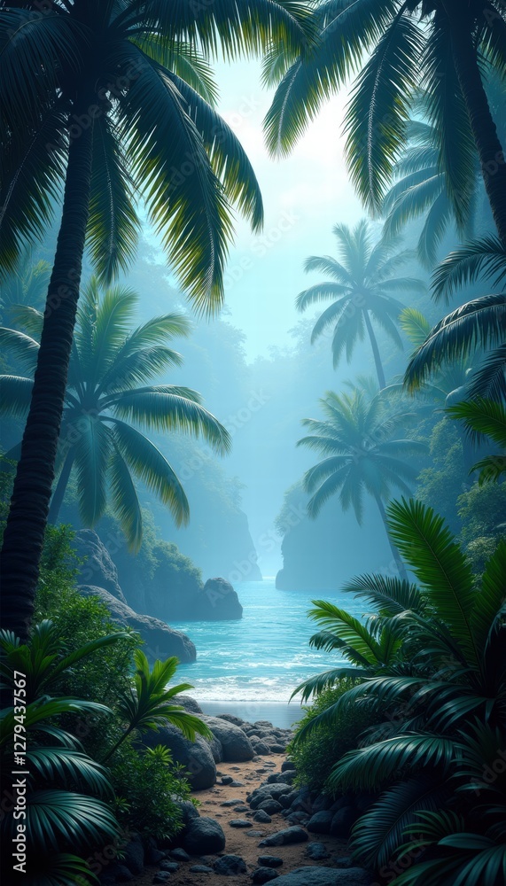 Fototapeta premium A serene tropical paradise with lush palms framing a tranquil river leading to the ocean, enveloped in soft mist and rich greenery.