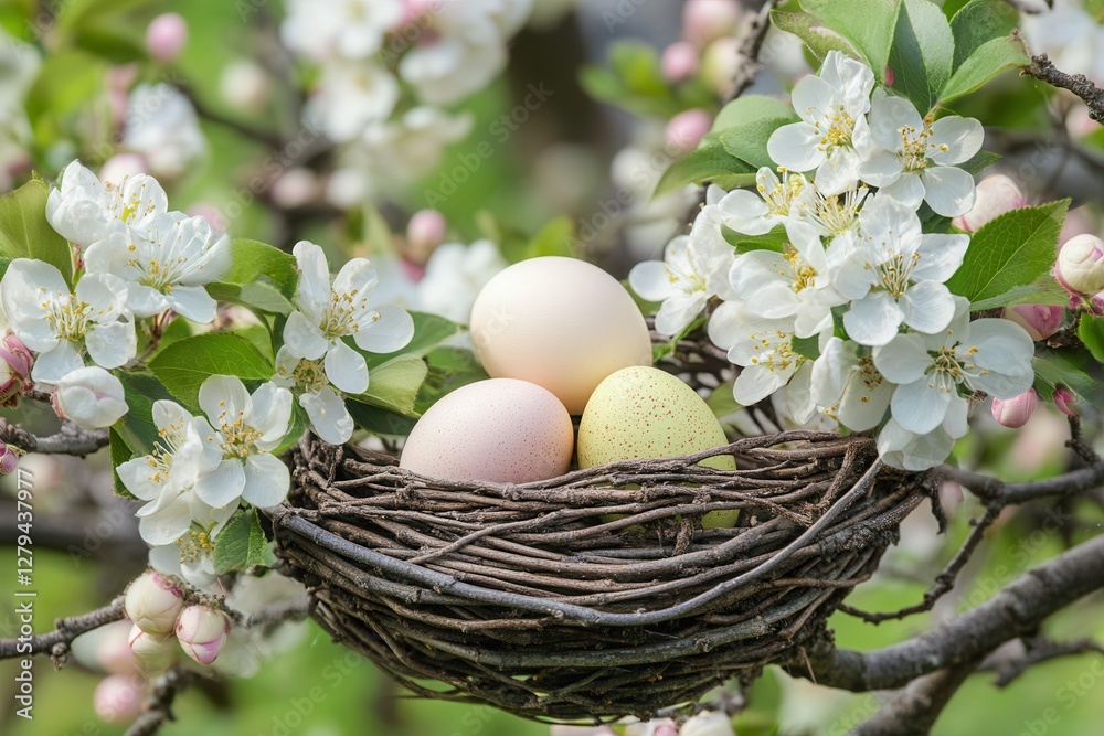 Three eggs rest gently in a cozy nest, nestled on a sturdy tree branch, showcasing nature's delicate beauty and the promise of new life. Three eggs rest gently in a cozy nest, nestled on a sturdy tree branch, showcasing nature's delicate beauty and the promise of new life.