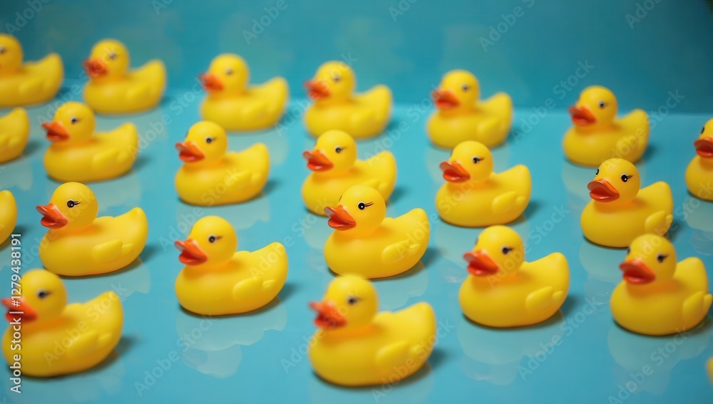 A pattern of bright yellow rubber ducks, evenly spaced on a turquoise background. A pattern of bright yellow rubber ducks, evenly spaced on a turquoise background.
