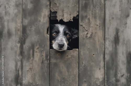 A black and white dog sticks its head through a hole in a wooden fence and looks sadly at the street