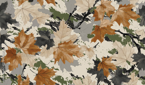 Real tree forest hunting camouflage seamless pattern design with barks and leaves. Camouflage repeat pattern