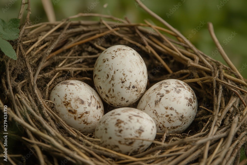 Arafed nest contains four eggs nestled atop a lush, leafy plant, showcasing the beauty of nature's delicate ecosystem and nurturing environment. Arafed nest contains four eggs nestled atop a lush, leafy plant, showcasing the beauty of nature's delicate ecosystem and nurturing environment.