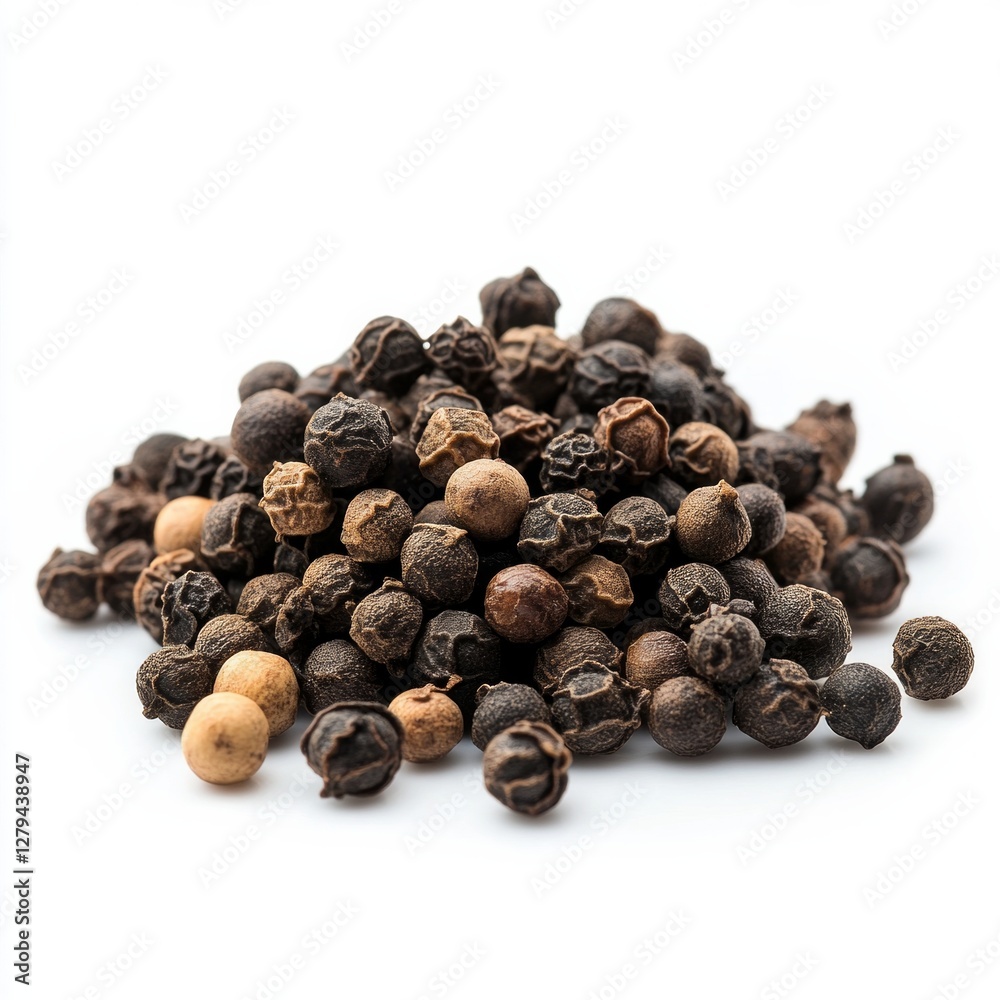 Black peppercorns pile isolated on white background for culinary use Black peppercorns pile isolated on white background for culinary use