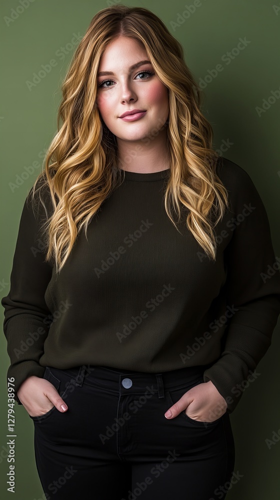 Fototapeta premium Young woman with long blonde hair, wearing a dark green sweater and black pants, poses against a muted green background.