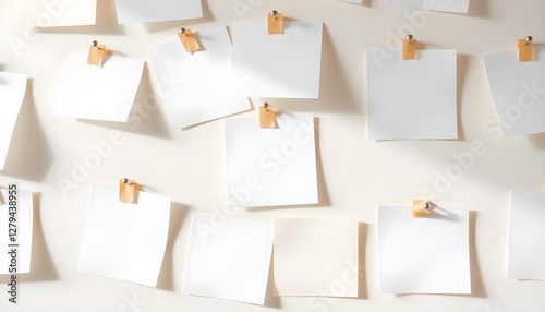Collage of white paper squares attached with wooden clips on a neutral background
