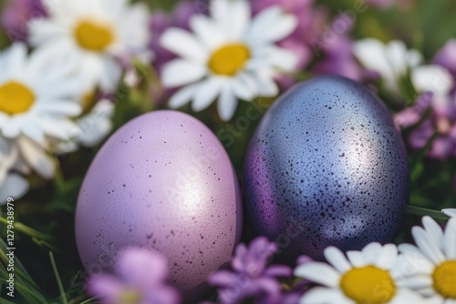 A collection of purple and blue eggs rests among vibrant flowers in a sunny field, creating a whimsical and colorful spring scene.