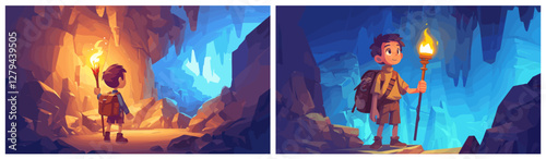 boy in cave background. child holding torch dungeon cartoon, dreams travel adventure game hike explorer vector illustration