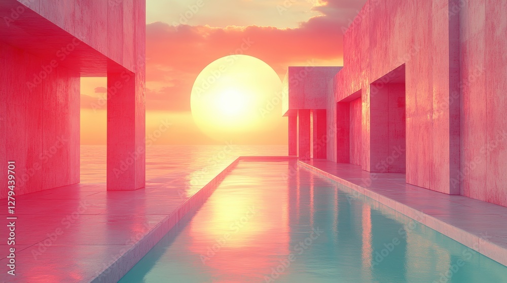 Serene Sunset Over Modern Poolside Architecture with Reflective Water