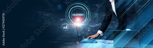 Solutions: Businessman uses laptop and synchronize data of business operations on computer device with global network, cloud computing, data management, workflow automation, integration, optimization.