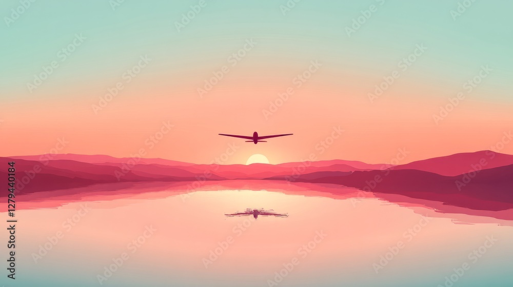Fototapeta premium Modern, flat vector airplane design, sharp aerial view over a calm gradient sky 