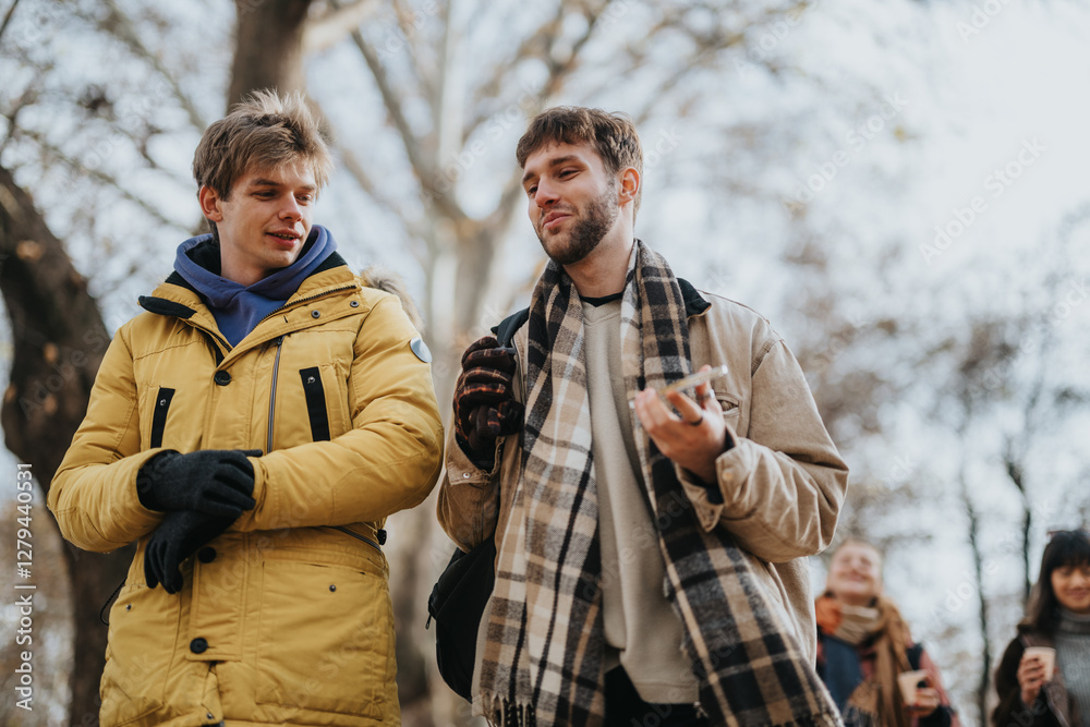 Fototapeta premium Two young men walking and conversing in an autumn park, enjoying camaraderie and relaxation. Trees and scarves suggest a chilly but pleasant atmosphere.