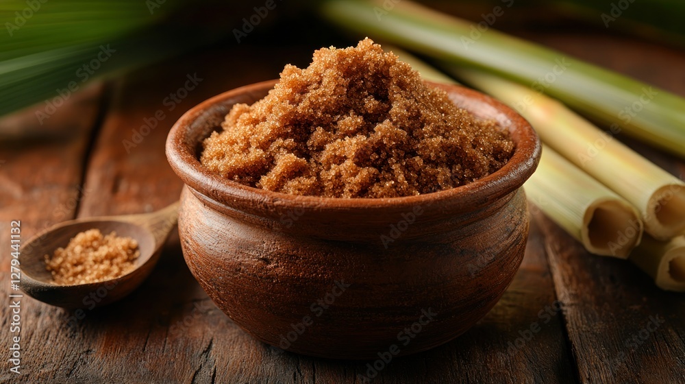 Brown sugar bowl, lemongrass, wooden table, close-up, food Brown sugar bowl, lemongrass, wooden table, close-up, food