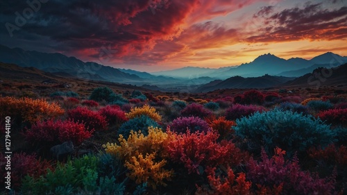Experience the magic of a vibrant meadow as the sun sets over majestic mountains.