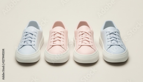 Three pairs of pink and blue sneakers are neatly arranged on a clean white background, showcasing their vibrant colors and stylish designs. photo